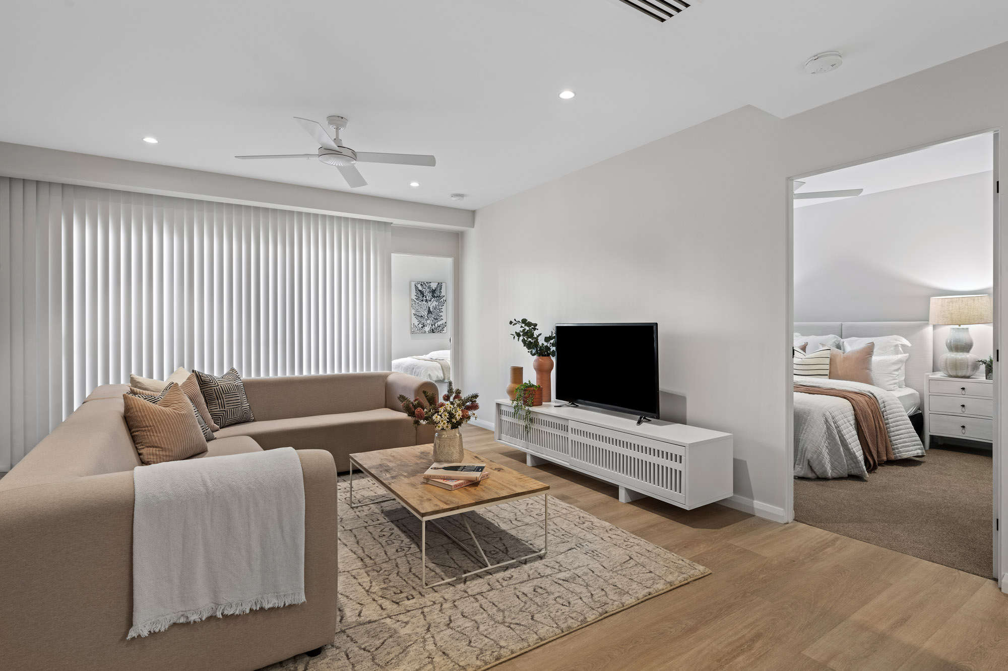 Living area and bedroom in one of our Broadmeadow retirement village homes