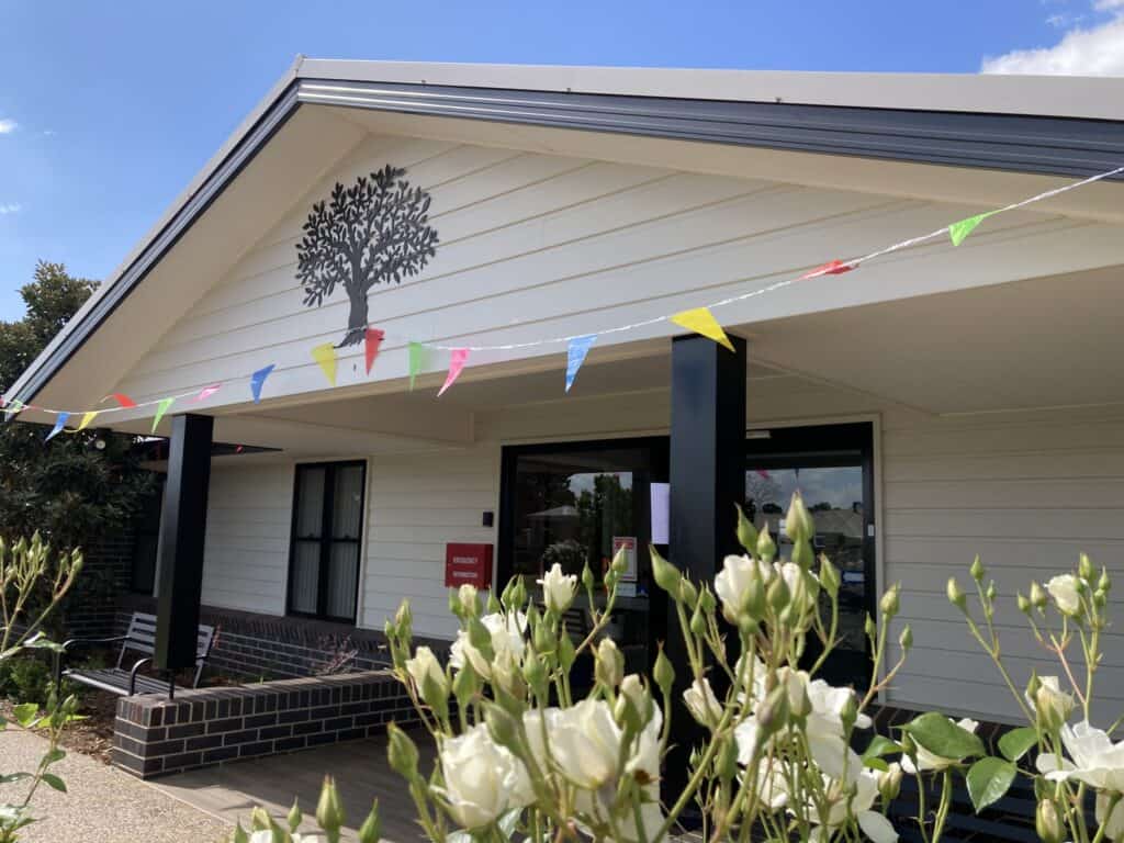 communal space at Oak Tree decorated for market day