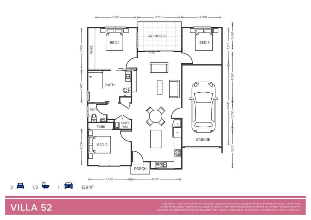 Floor plan of Bathurst Villa 52, showcasing layout and room dimensions.