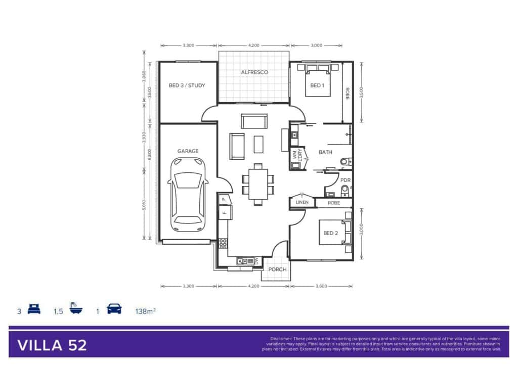 Floor plan of Tallowood Villa 52, showcasing layout and room dimensions.