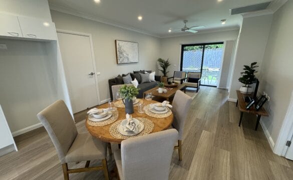 Inside the open plan kitchen, dining, living area of Moss Vale Villa 8 at Oak Tree Retirement Village