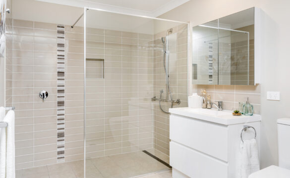 Large accessible shower in a modern bathroom in one of our Oak Tree Retirement Village Goonellabah Villas