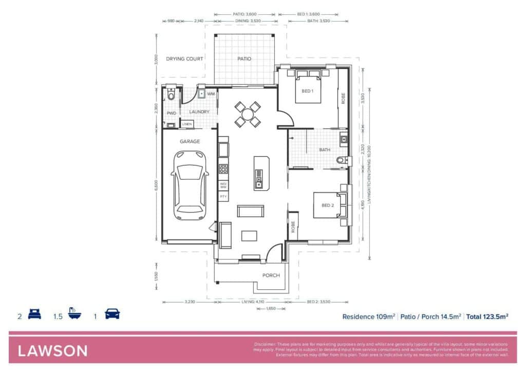 Floor plan of Lawson Villa, showcasing layout and room dimensions.