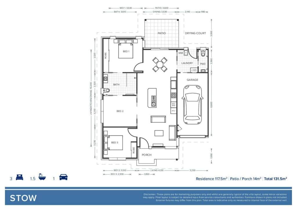 Floor plan of Stow Villa, showcasing layout and room dimensions.