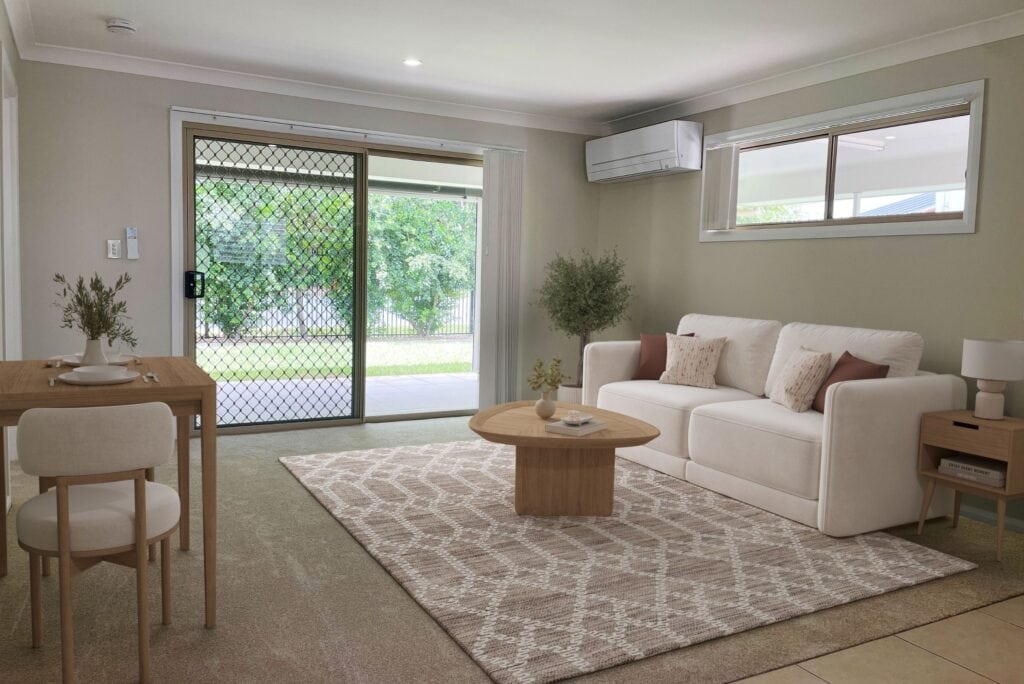 Retirement villa living room with garden outlook