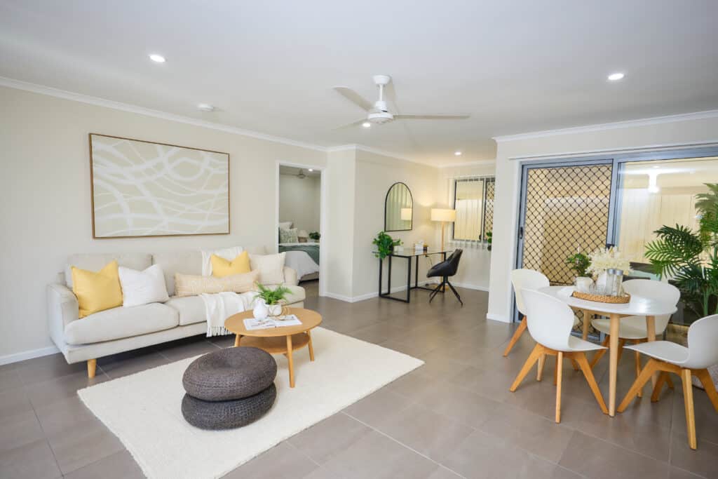 Open plan living area in a villa in our Cains retirement village