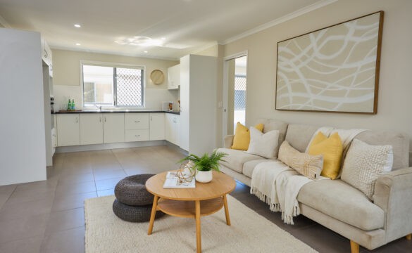 Open plan kitchen living area in a villa in our Cains retirement village