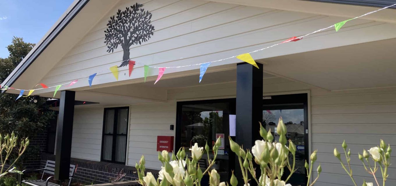 communal space at Oak Tree decorated for market day