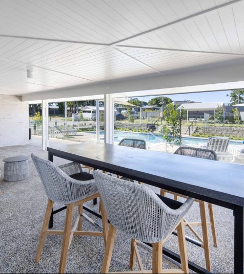 A breakfast bar with a view of the pool at Coffs Harbour Retirement Village